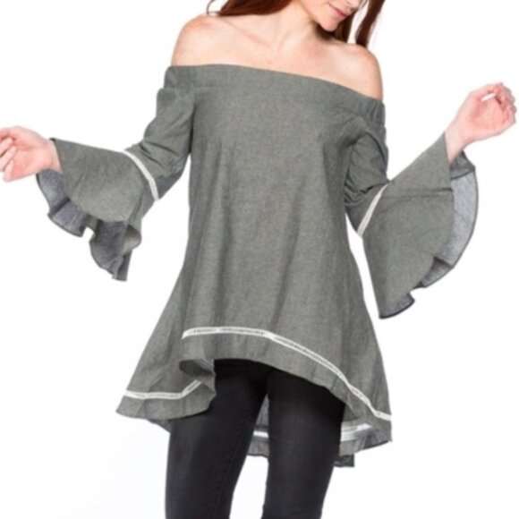 Gray Off Shoulder Womens Tunic Top - Picture 2 of 4